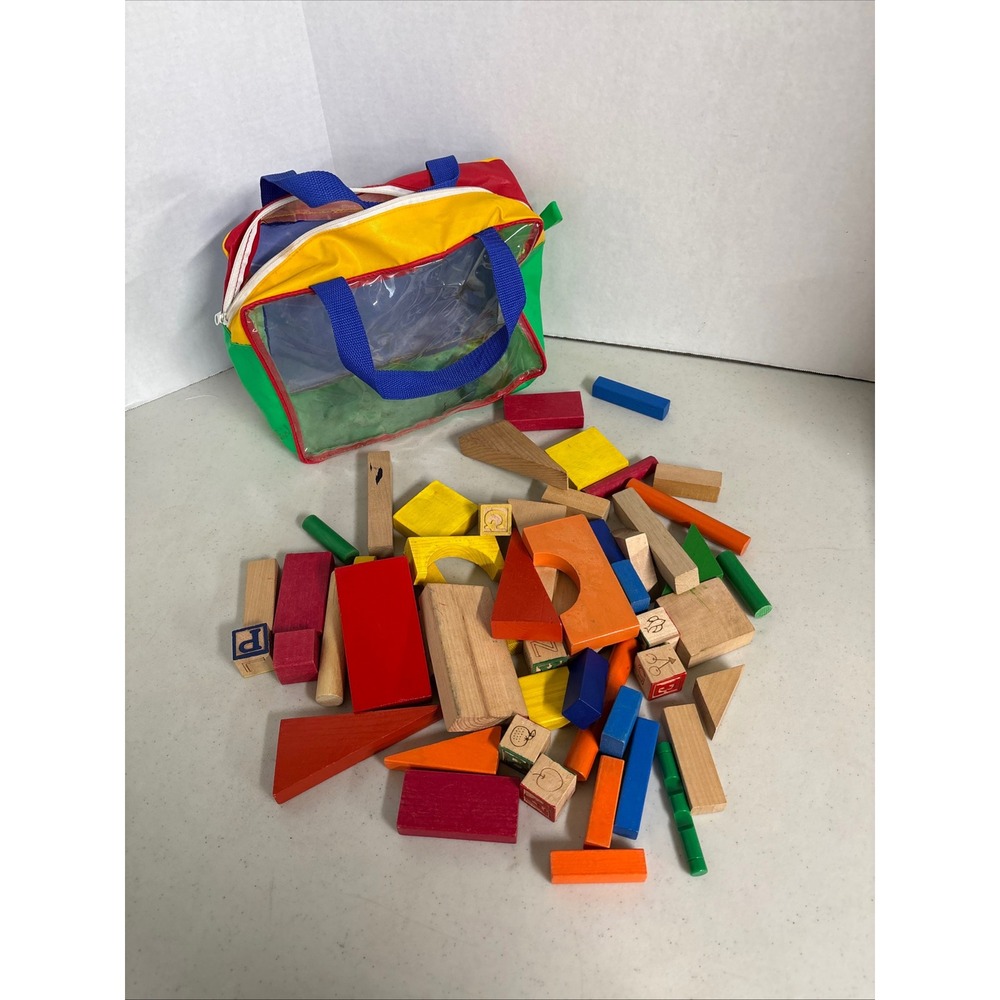 Vintage Style Wooden Building Blocks Assorted Shapes Alphabet Set with Carry Bag
